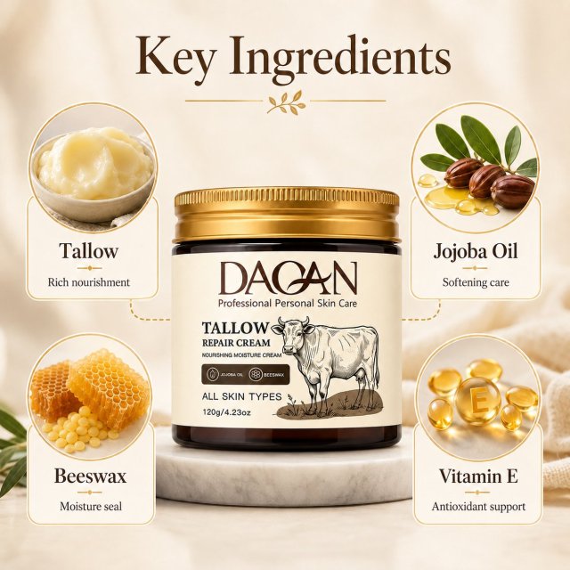 DAQAN Tallow Repair Cream ingredient infographic featuring tallow, jojoba oil, beeswax, and vitamin E around a 120g jar.