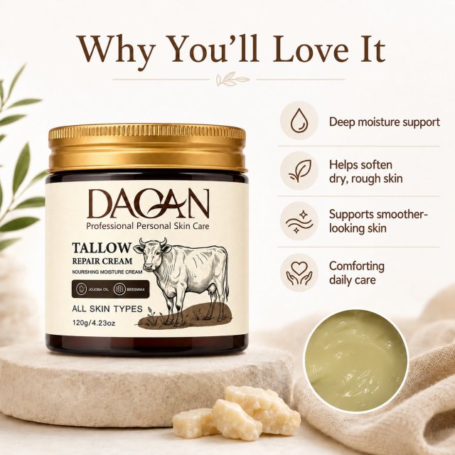 DAQAN Tallow Repair Cream in a 120g amber jar with benefit icons for deep moisture, dry rough skin, smoother-looking skin, and daily care.