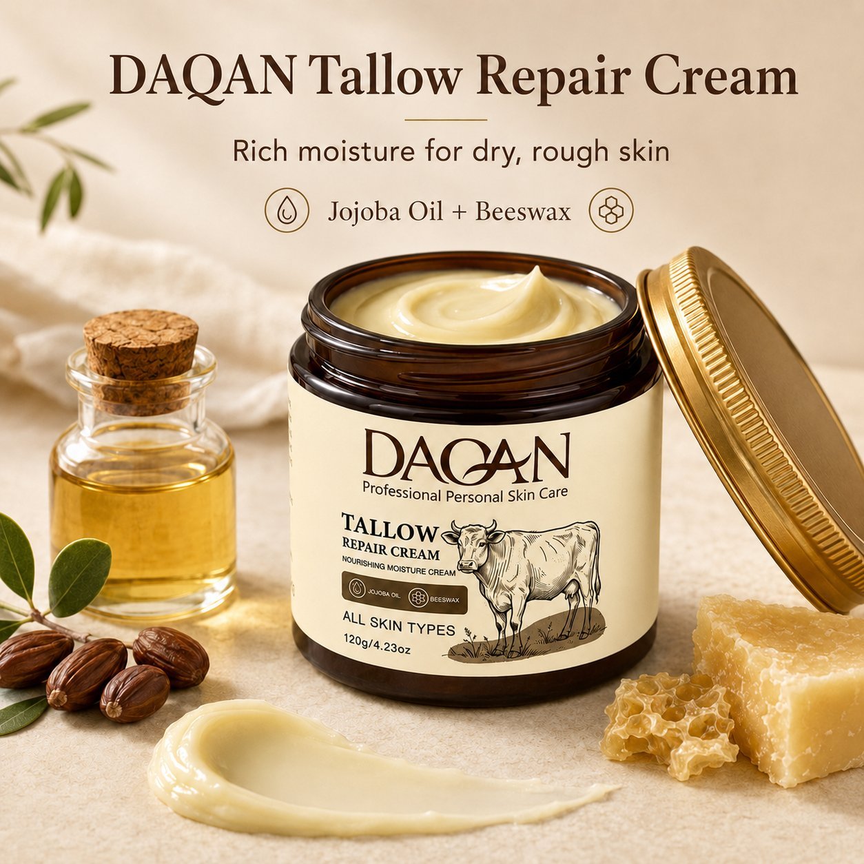 Open jar of DAQAN Tallow Repair Cream with jojoba oil, beeswax, and a creamy swatch for dry, rough skin care.