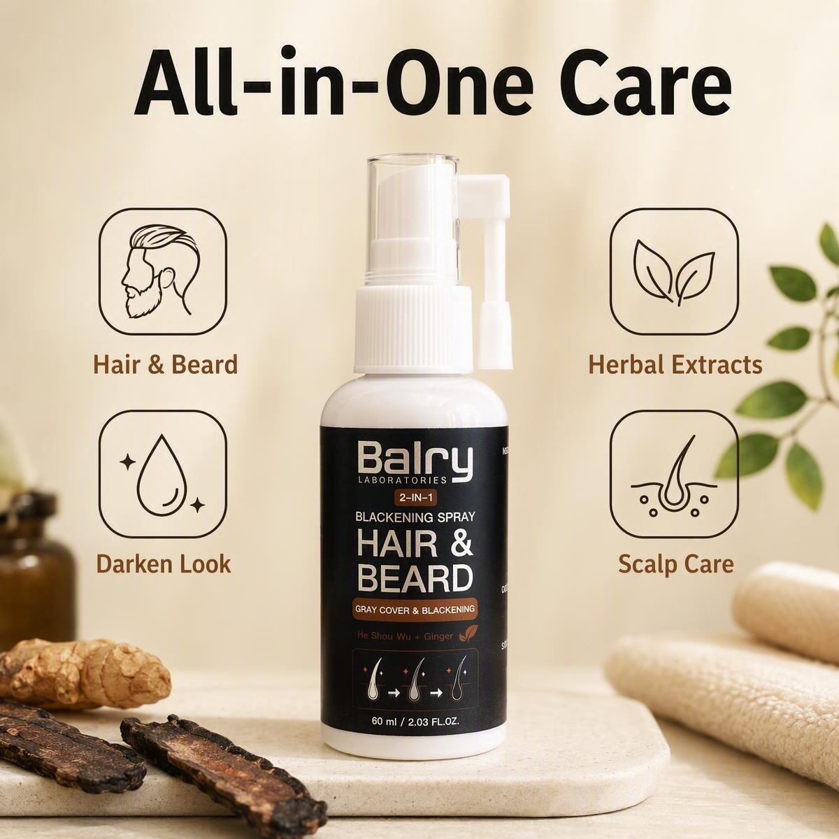 Wholesale 2-in-1 Hair & Beard Blackening Spray with He Shou Wu & Ginger – 60ml
