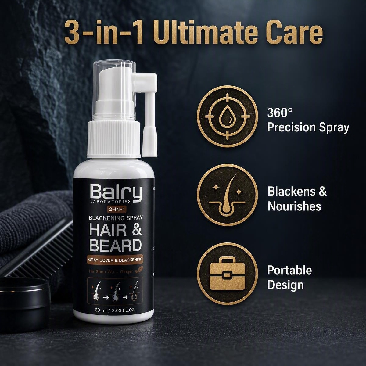 Wholesale 2-in-1 Hair & Beard Blackening Spray with He Shou Wu & Ginger – 60ml