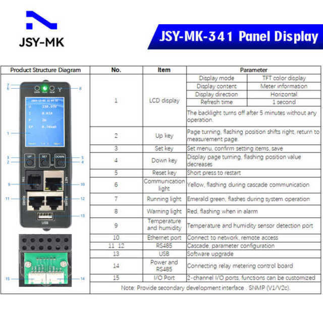 JSY-MK-341 Three-phase AC Intelligent PDU Meter 220V 63A with LCD Display SNMP Ethernet TCP IP RS485 Temperature Humidity Ports Industrial IoT Household Telecommunication Electric Power Applications