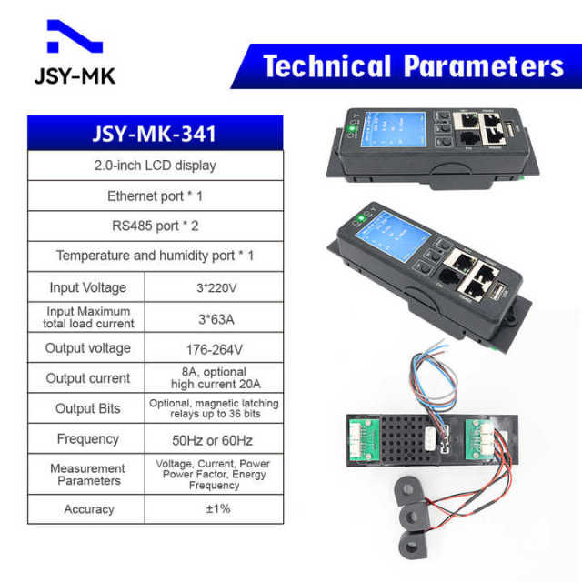 JSY-MK-341 Three-phase AC Intelligent PDU Meter 220V 63A with LCD Display SNMP Ethernet TCP IP RS485 Temperature Humidity Ports Industrial IoT Household Telecommunication Electric Power Applications