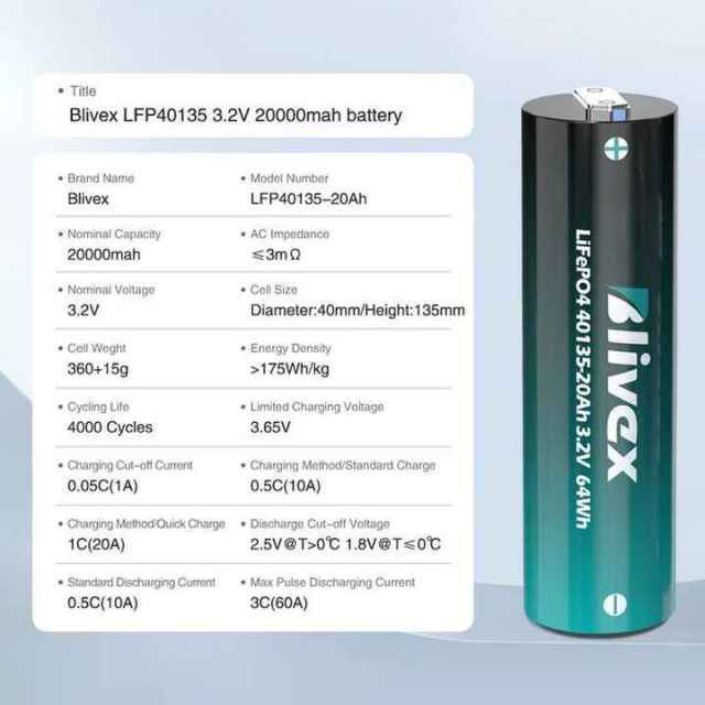 Blivex 40135 20Ah 3.2V LiFePO4 Battery High Cycle Life 4000Cycles Solar Energy Storage Electric Scooter Power System