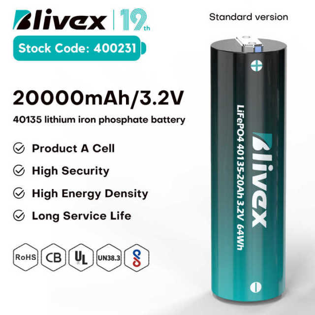 Blivex Energy Storage Solar Battery Cylindrical Cell 4000Cycles 40135 C40 20Ah 3.2V Lifepo4 Battery for Solar Energy Storage Systems, Electric Vehicles, and Power Systems