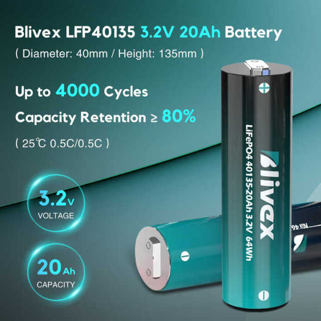 Blivex 40135 20Ah 3.2V LiFePO4 Battery High Cycle Life 4000Cycles Solar Energy Storage Electric Scooter Power System