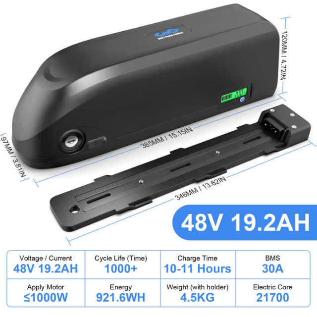 US Stock 48V 19.2Ah Ebike Battery Downtube Mount for Electric Bikes with 40A BMS and 4800mAh Cells