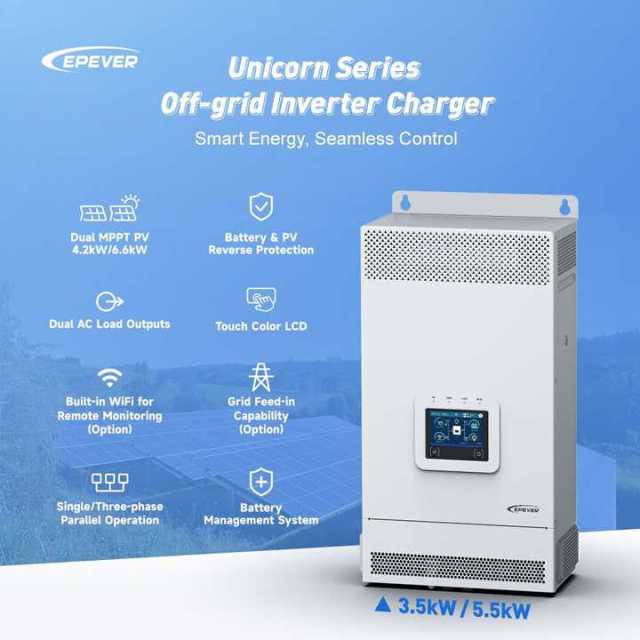 Solar Inverter 24V 48V 5000W MPPT 3.5KW 5KW 3 Phase Hybrid Inverter Charger Dual AC Output Touchable Colorful Display EPEVER