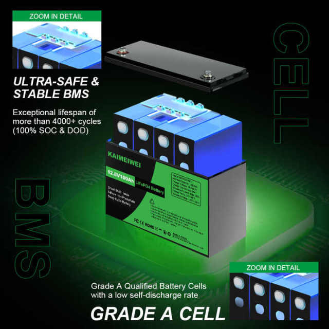 EU Stock Light Weight Deep Cycle LiFePO4 Lithium Battery 12V 100Ah for Solar Energy Storage Systems KAIMEIWEI