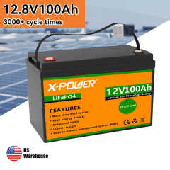 US Stock BMS LiFePO4 Battery 12V 100Ah 3000+ Cycles Deep Cycle IP54 Solar Energy Storage System for Marine RV Camper X-POWER