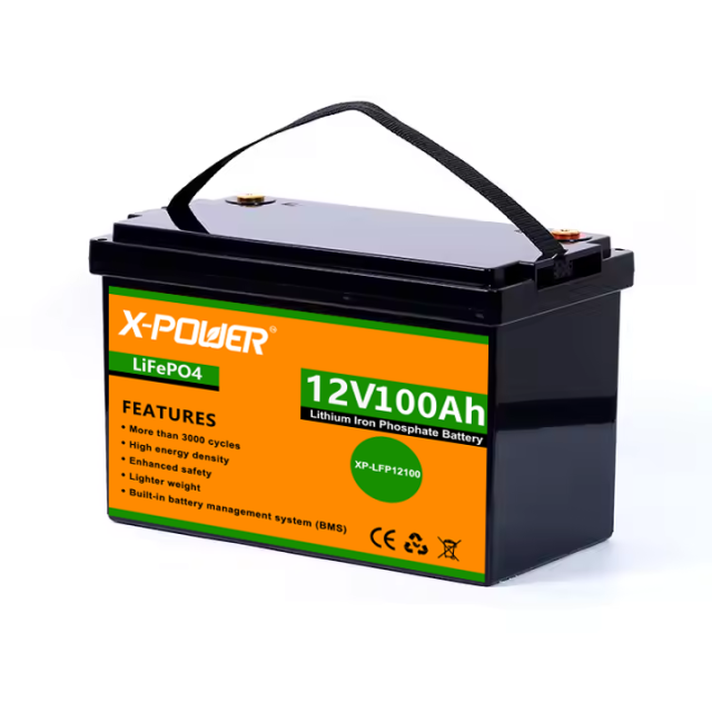 US Stock BMS LiFePO4 Battery 12V 100Ah 3000+ Cycles Deep Cycle IP54 Solar Energy Storage System for Marine RV Camper X-POWER