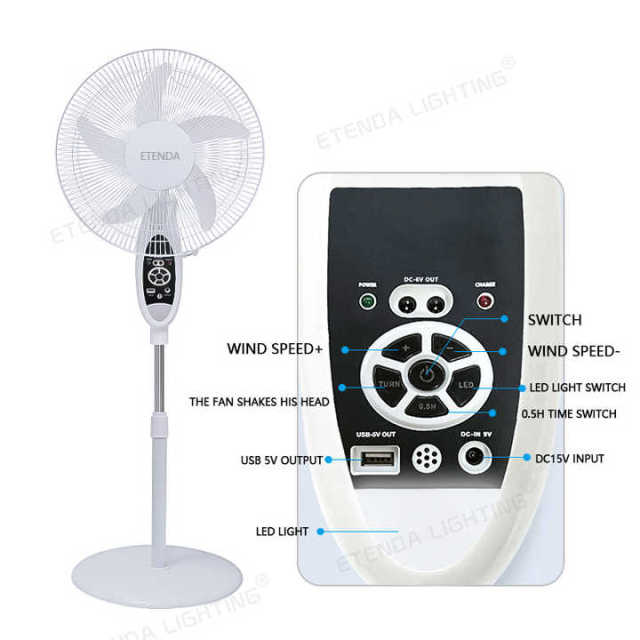 16 Inch Solar Powered Stand Fan with LED Light 6V4.5AH Battery 9V10W Panel AC/DC Remote Guangdong China Etenda