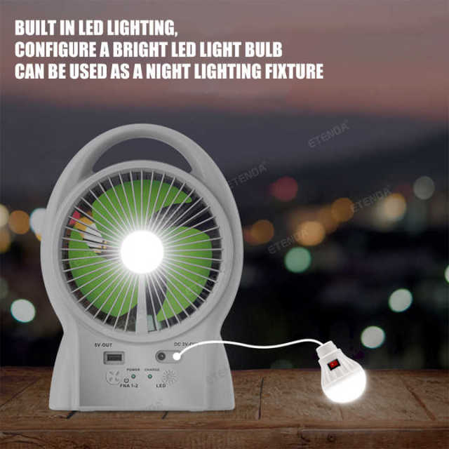 6" Solar Fan 3500mAh LED Light 4W Solar Panel 2 Speeds 5V USB Output Type-C Charging Overcharge Protection Guangdong China Origin Etenda