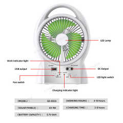 6" Solar Fan 3500mAh LED Light 4W Solar Panel 2 Speeds 5V USB Output Type-C Charging Overcharge Protection Guangdong China Origin Etenda