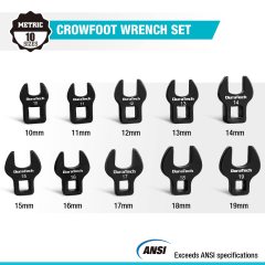 3/8 Dr. Metric Crowfoot Wrench Set Heavy Duty CRV Steel with Phosphorizing Finish for Tight Spaces and Battery Assembly Applications