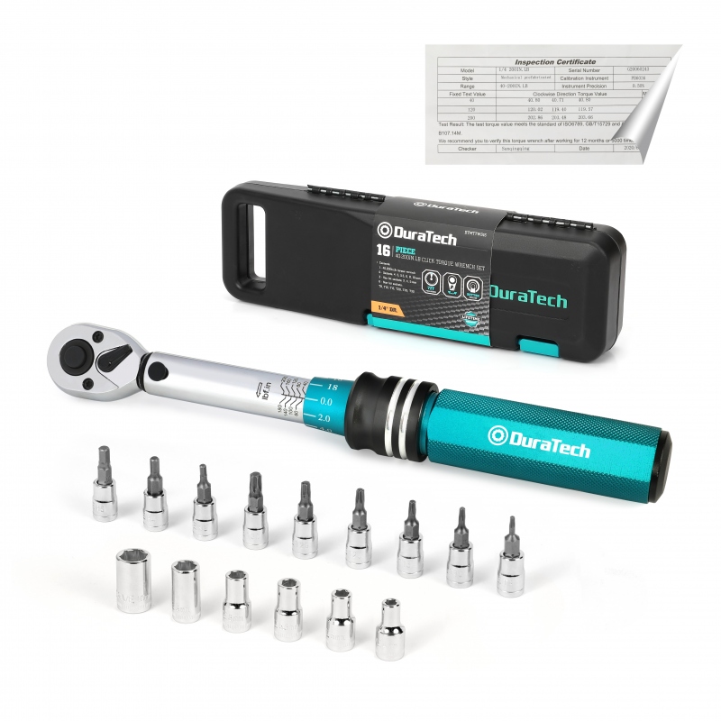 16-Piece 1/4＂Dr. Torque Wrench Set Dual-Direction High Precision Clicking Torque Wrench with Hex Torx Socket Bits for Battery and Energy Storage Maintenance DURATECH