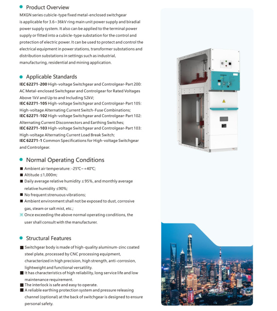 MXGN Series Fixed Metal-Enclosed Switchgear 3.6-36kV Ring Main Unit Power Supply System for Industrial & Residential Substations