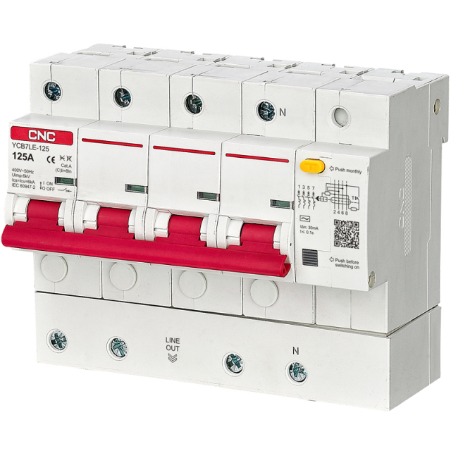 YCB7LE-125 RCBO 6kA High Breaking Capacity Circuit Breaker with C/D Curve for 1P+N, 2P, 3P, 3P+N, 4P Poles Applications