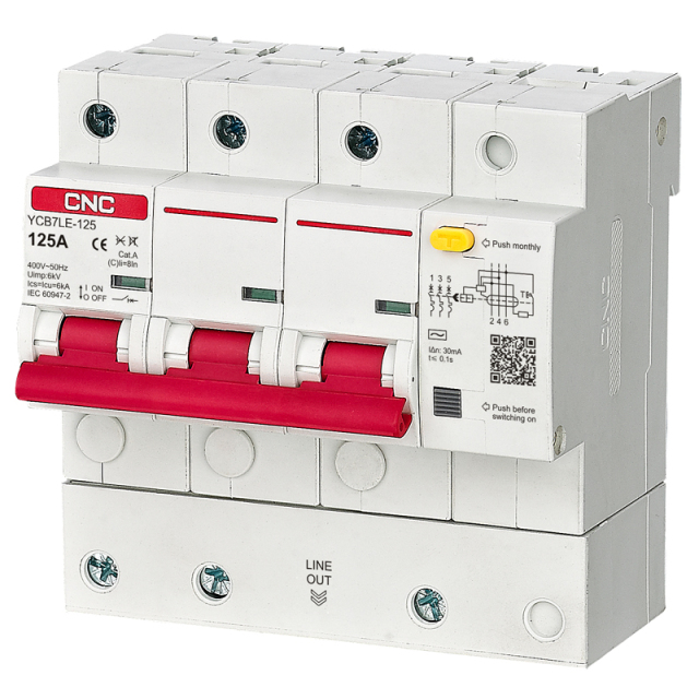 YCB7LE-125 RCBO 6kA High Breaking Capacity Circuit Breaker with C/D Curve for 1P+N, 2P, 3P, 3P+N, 4P Poles Applications