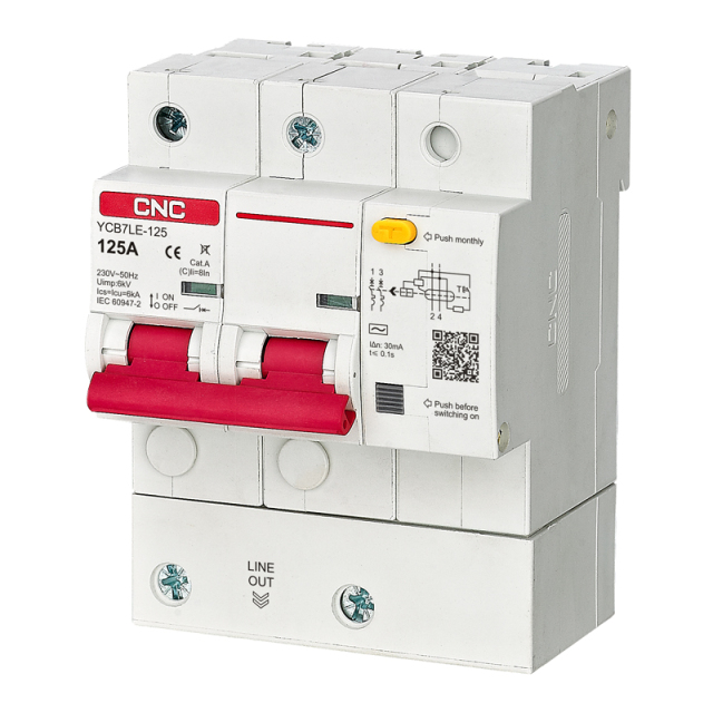 YCB7LE-125 RCBO 6kA High Breaking Capacity Circuit Breaker with C/D Curve for 1P+N, 2P, 3P, 3P+N, 4P Poles Applications