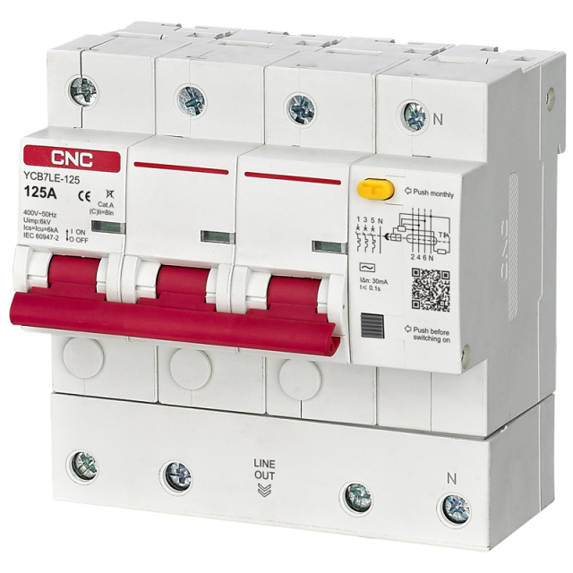 YCB7LE-125 RCBO 6kA High Breaking Capacity Circuit Breaker with C/D Curve for 1P+N, 2P, 3P, 3P+N, 4P Poles Applications