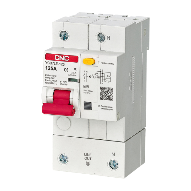 YCB7LE-125 RCBO 6kA High Breaking Capacity Circuit Breaker with C/D Curve for 1P+N, 2P, 3P, 3P+N, 4P Poles Applications