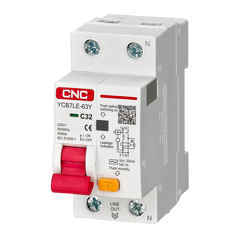 YCB7LE-63Y Residual Current Circuit Breaker with Overcurrent Protection 6kA High Breaking Capacity C Curve 2P Pole 0.03A 0.05A Leakage Current for Electrical Distribution Systems