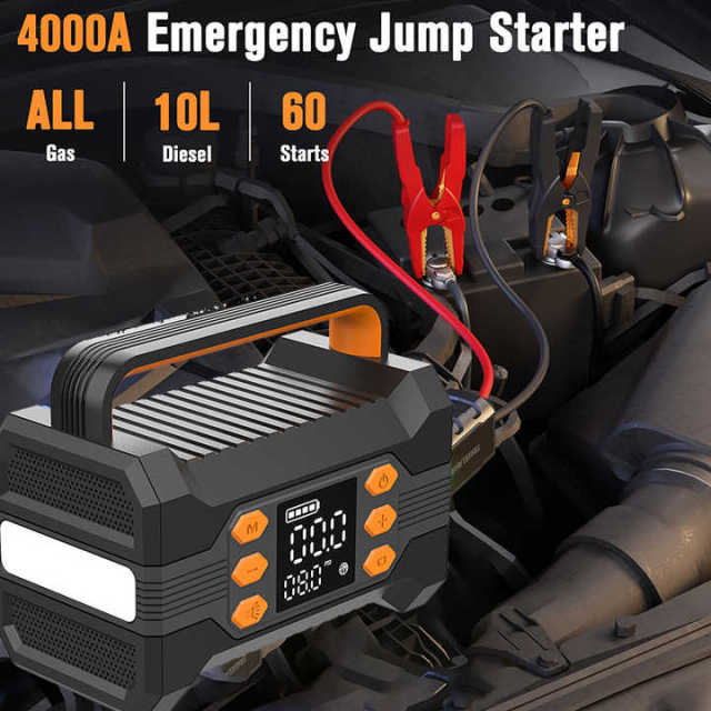 Portable 3000A Peak Current Car Jump Starter Battery Booster with LED Light & Air Compressor for Trucks SUVs and Electric Vehicles