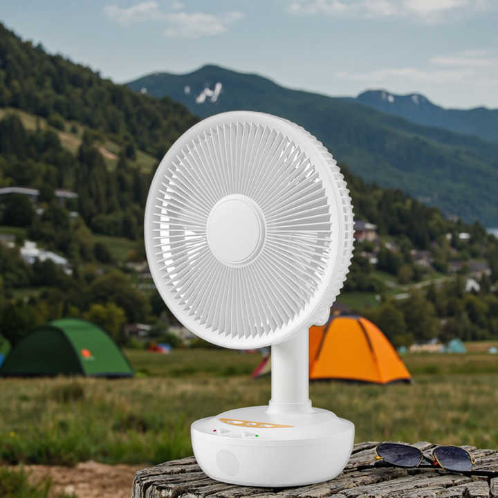 12-Inch Solar Rechargeable AC/DC Fan with LED Bulbs 3 Speed Wind Adjustable 50W Solar Panel for Outdoor Camping and Indoor Use