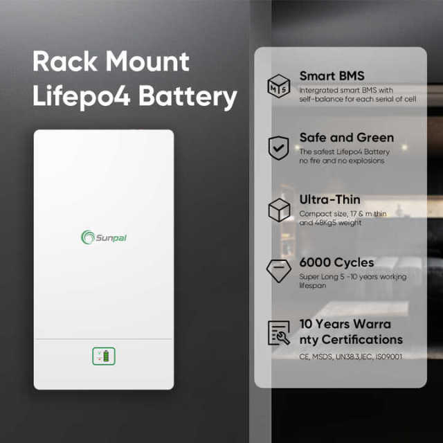 Sunpal Power Wall LiFePO4 Energy Storage Battery 48V 200Ah 5kW 15kWh 15kWh Wall-Mounted Solar Battery for Residential and Commercial Energy Storage