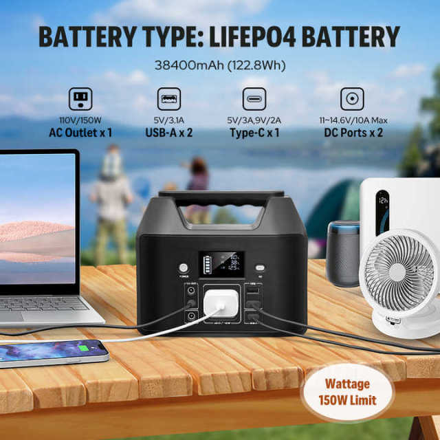 LiFePO4 Outdoor Power Bank 38400mAh 122Wh 150W Portable Power Station for CPAP Solar RV Travel powkey