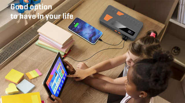 12V Automobile Charger Emergency Supply Mobile Power Bank Portable Car Battery Jump Starter Orange 0.7KG 100W with Air Compressor Powkey