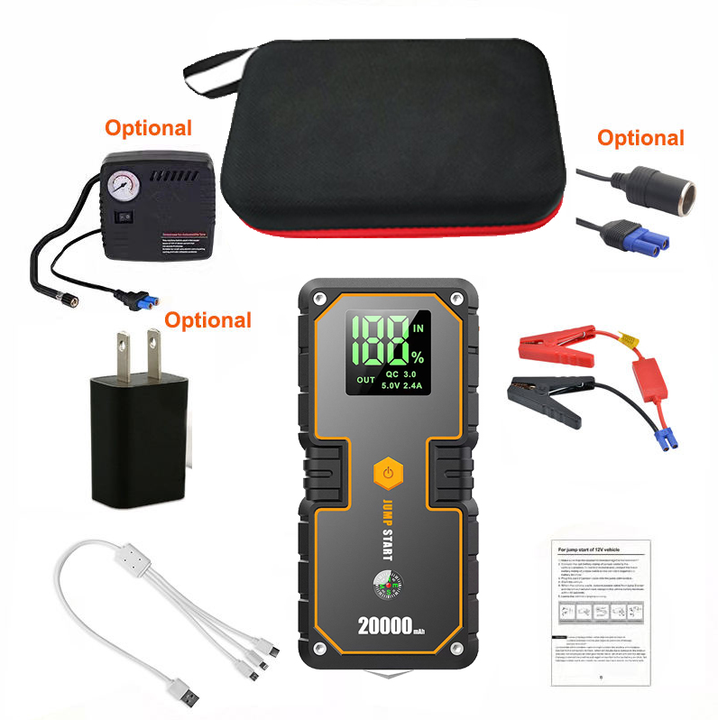 12V Car Jump Starter Power Bank 10000mAh 2000A Peak High-Power Emergency Start Device with Air Compressor for Passenger Cars Trucks Motorcycles