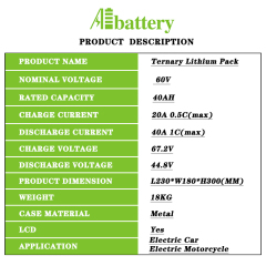 2000W 60V 40Ah Lithium Ion Battery Pack with BMS for Electric Scooter Motorcycle Solar RV UPS E-Bike E-Scooter Boat Golf Cart Robots AIBATTERY