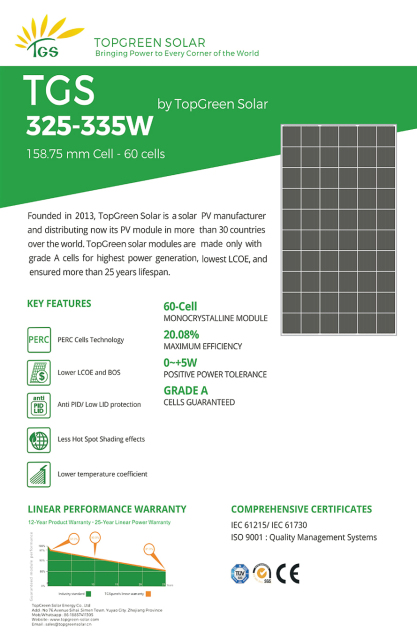 TGS-325-335-M60 Monocrystalline 60-cell 1665*1002*35mm Solar Panel for Residential and Commercial PV Systems TopGreen