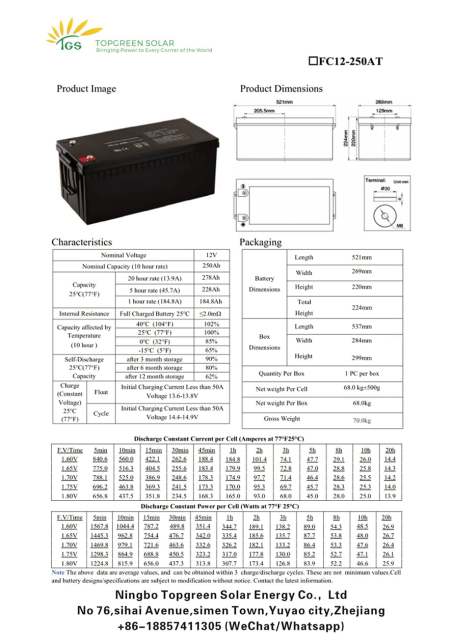 Solar Gel Battery 12V 250Ah High Capacity Deep Cycle for Off-Grid Solar Storage Topgreen