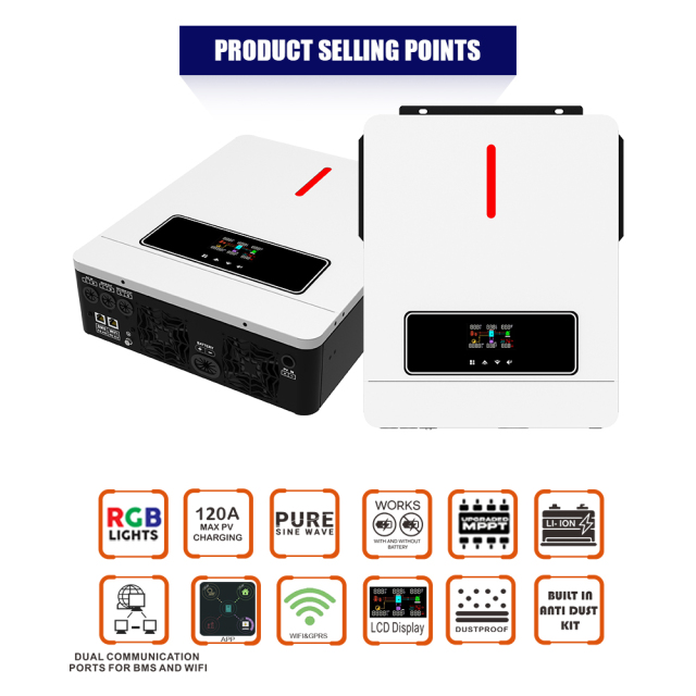 Solar Hybrid Inverter 60-450VDC MPPT 120A 3.6KW 24V Off/On Grid PV System