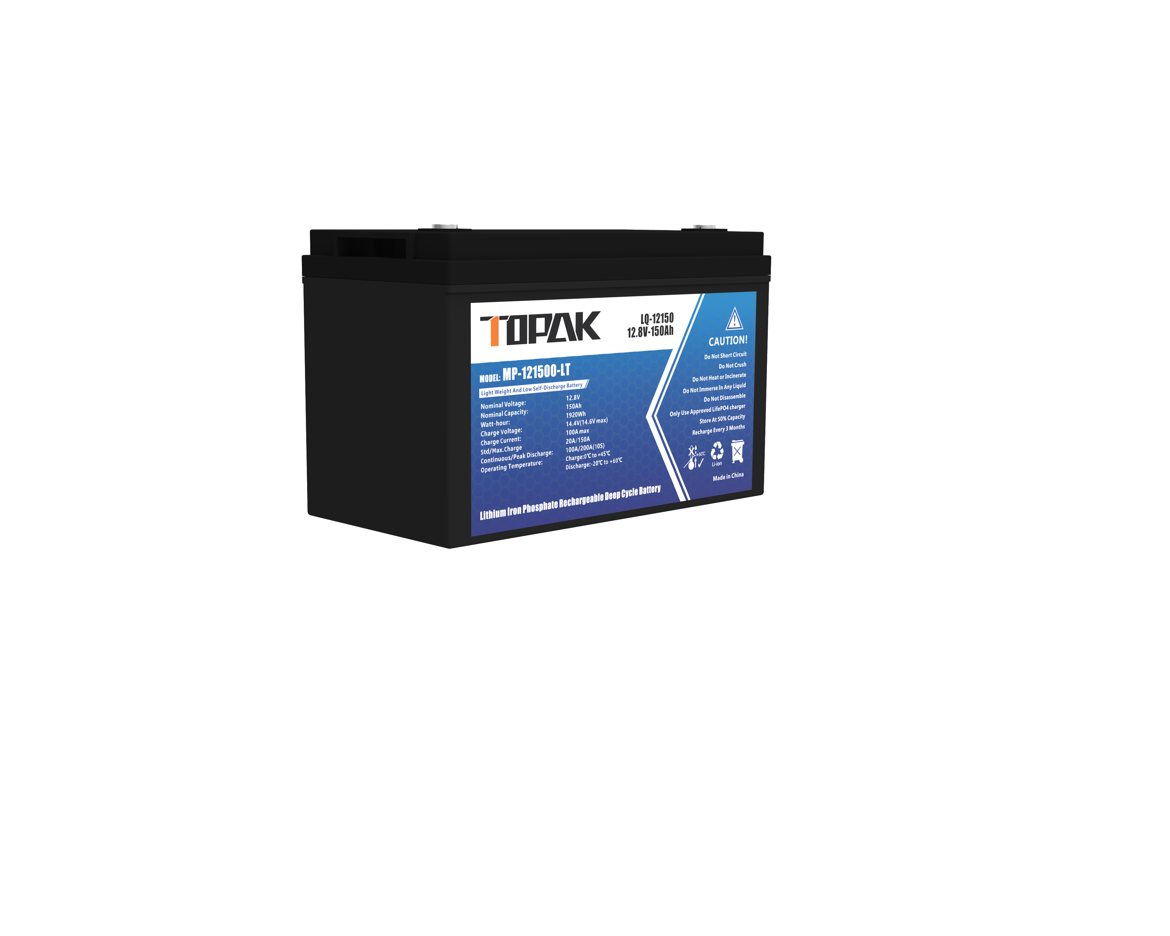 12.8V 150Ah LiFePO4 Battery 100A Max Discharge, IP65 Waterproof for Energy Storage & Electric Tools TOPAK