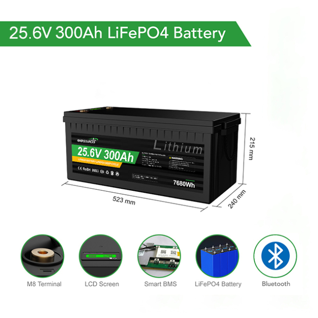 LiFePO4 Battery 25.6V 300Ah High-Capacity Long-Life Cycle for Solar Storage and RV Use