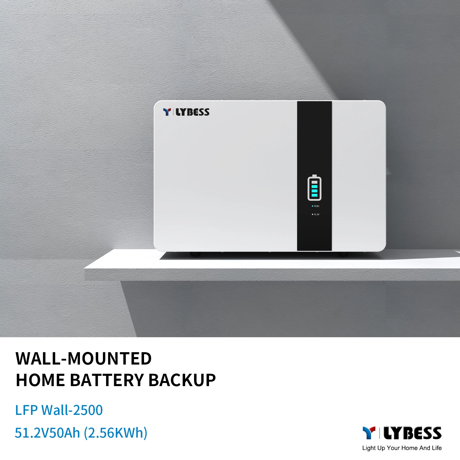 48V 50Ah 2.5KWh Wall-mounted Home Battery Backup LiFePO4 IP65 Outdoor & Indoor Use for Residential Energy Storage
