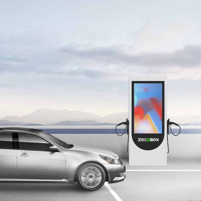 7KW 22KW 44KW Commercial EV Charger With Digital Display Dual Socket, OCPP Smart Control, Outdoor Advertising Pedestal for Retail, Hotels, Parking Zeconex