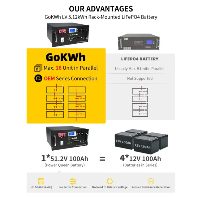 GoKWh 51.2V 100Ah LiFePO4 Rack-mounted Battery Storage High-Density Energy Solution for Home and Commercial Use