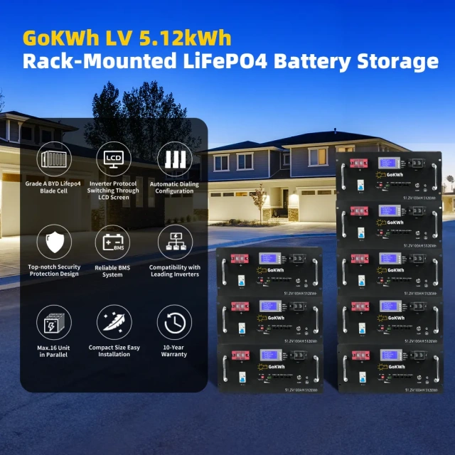 GoKWh 51.2V 100Ah LiFePO4 Rack-mounted Battery Storage High-Density Energy Solution for Home and Commercial Use