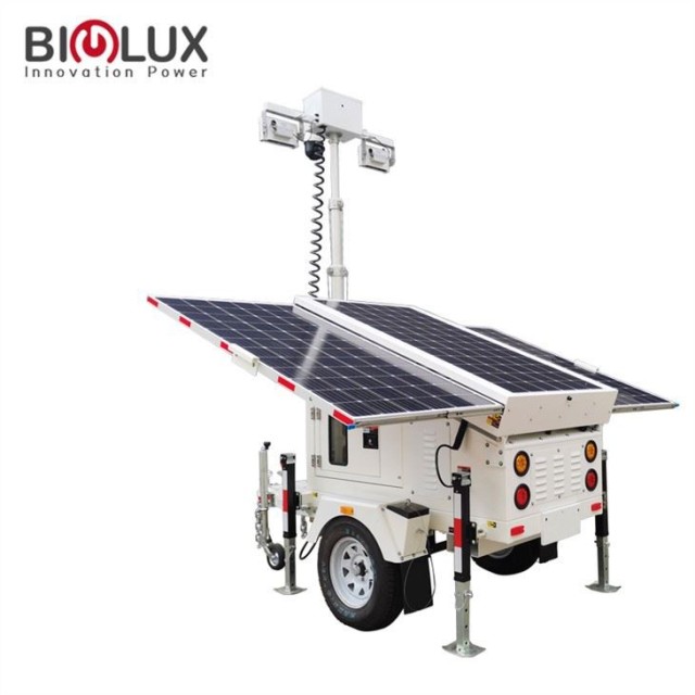 Mobile CCTV and Light Trailer with Solar Generator DC24V 6m Mast Off-Grid Security Lighting for Construction Sites BIGLUX