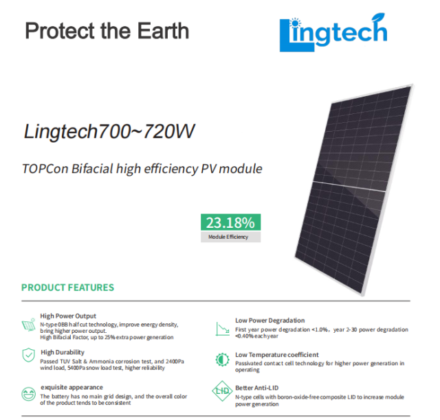Lingtech 700W 710W 720W Solar Module N-type TopCon 23.2% Efficiency High Power for Commercial and Utility-Scale PV Plants
