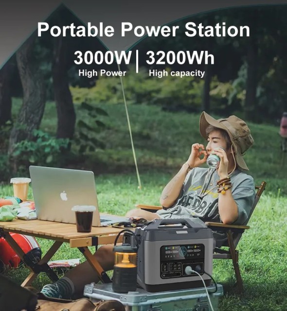 Portable Solar Power Station 3000W 3200Wh Pure Sine Wave AC Output for Outdoor Camping RV Emergency Backup