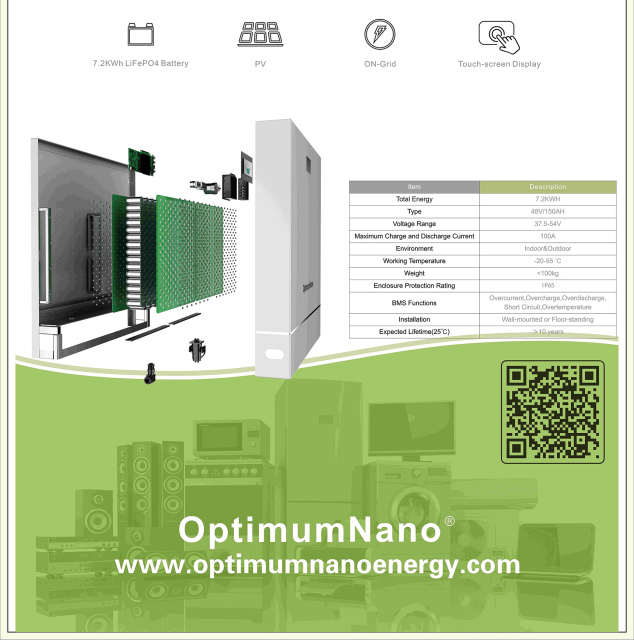 Optimumnano 7.2kwh Residential Energy Storage Solutions LiFePO4 High Safety 5-Year Warranty 7.2kWh for Home Energy Storage