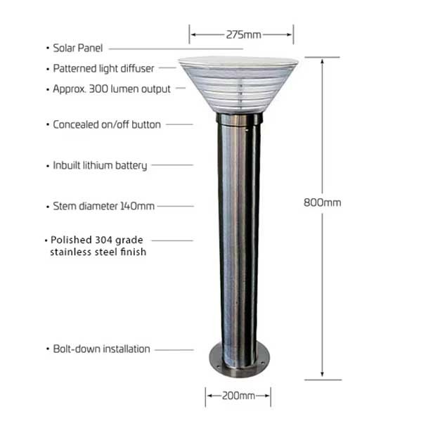 Solar Bollard Garden Light IP65 Waterproof Cast Aluminium 2 Years Warranty LED Source for Outdoor Pathway Lighting