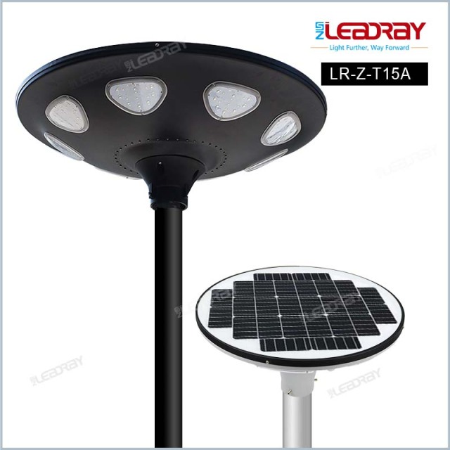 Outdoor Round Solar Street Light 50W UFO Flood Light with Pole Aluminum 6000 Lumens Lithium Battery Garden Lighting