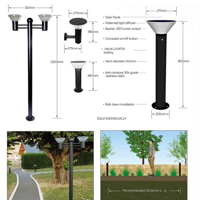 Solar Bollard Garden Light IP65 Waterproof Cast Aluminium 2 Years Warranty LED Source for Outdoor Pathway Lighting